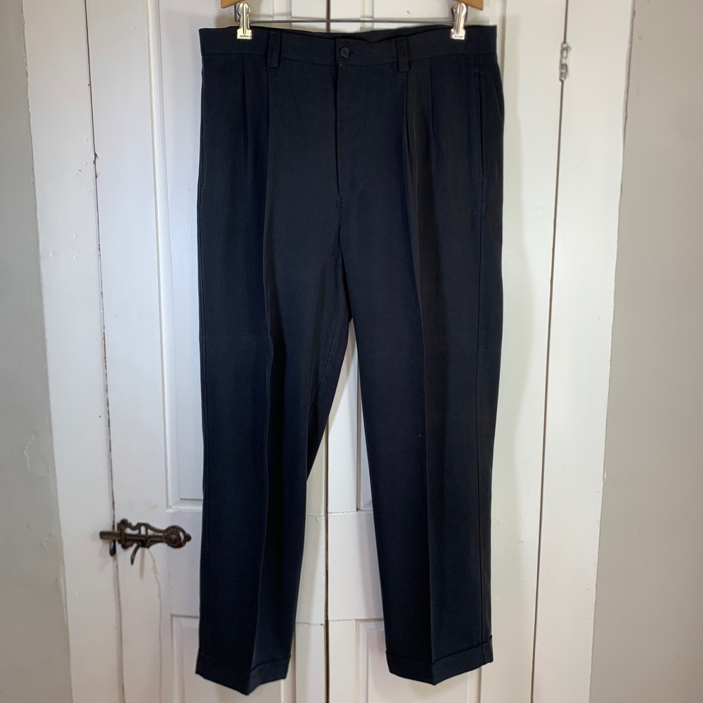 TravelSmith Mens 100% Silk Pleated Cuffed Dress‎ Pants Black Regular 35 8329